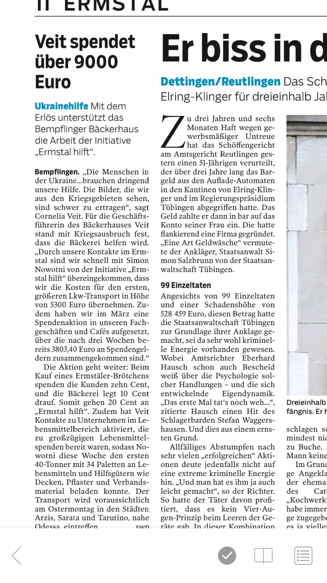 Pressebericht über die frühe Unterstützung des Bäckerhauses Veit
