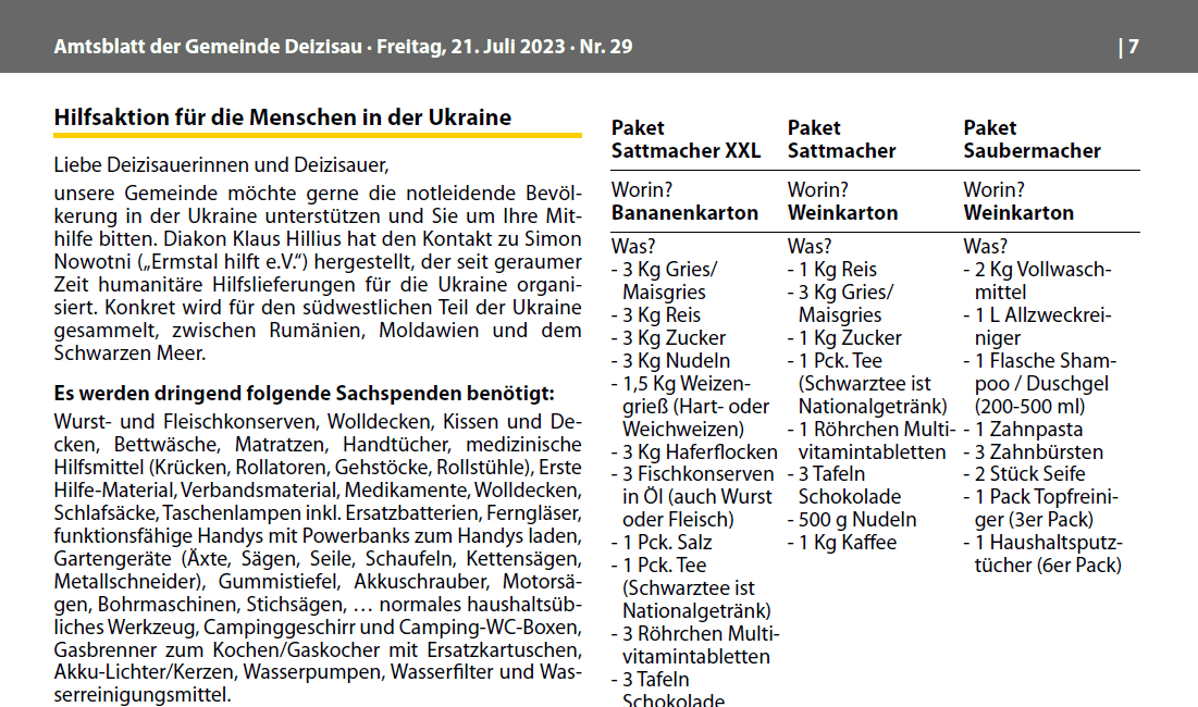 Amtsblatt Deizisau â Hilfsaktion fĂŒr Menschen in der Ukraine